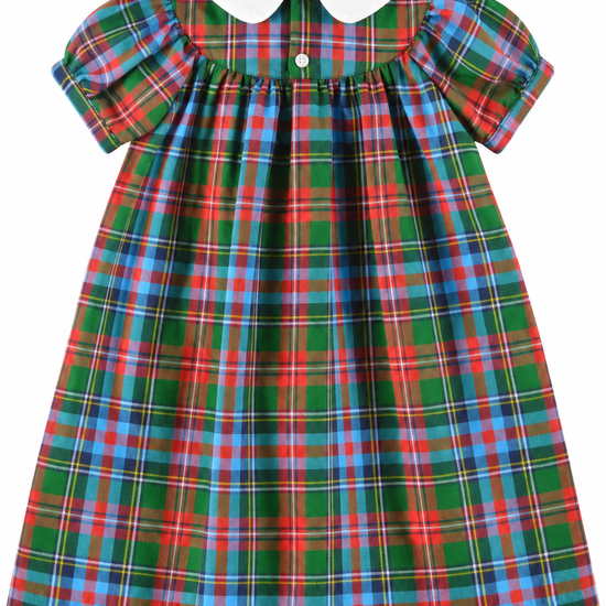 Carriage Boutique multicolor plaid toddler dress with a white Peter Pan collar and short puff sleeves.