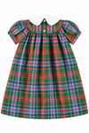 Carriage Boutique multicolor plaid toddler dress with a white Peter Pan collar and short puff sleeves.