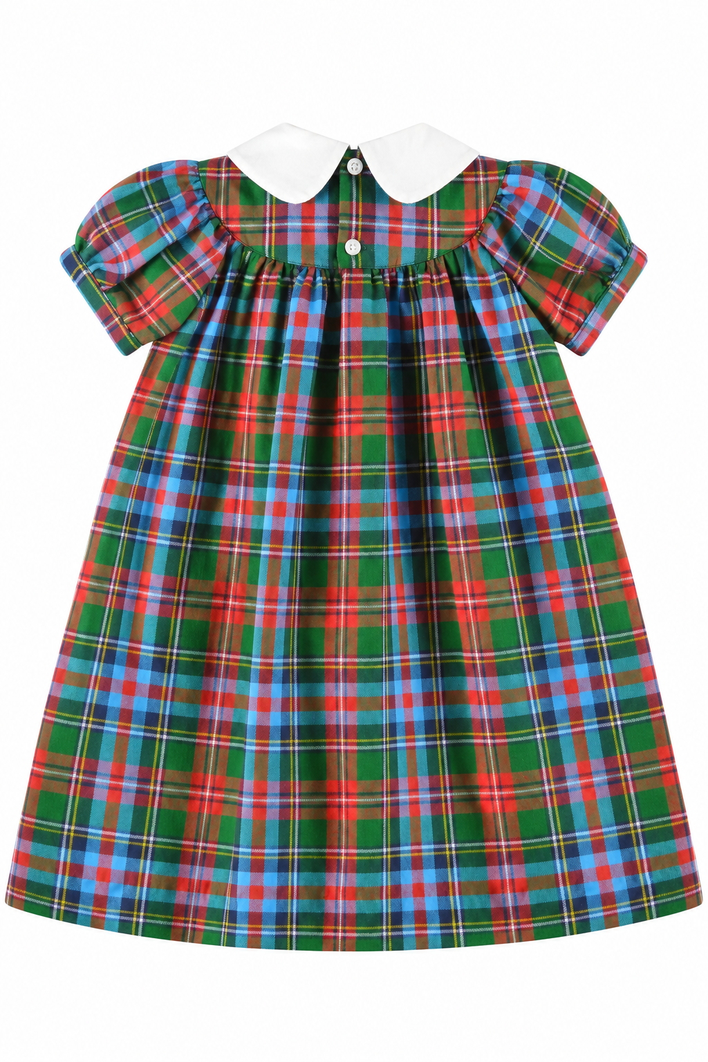 Carriage Boutique multicolor plaid toddler dress with a white Peter Pan collar and short puff sleeves.