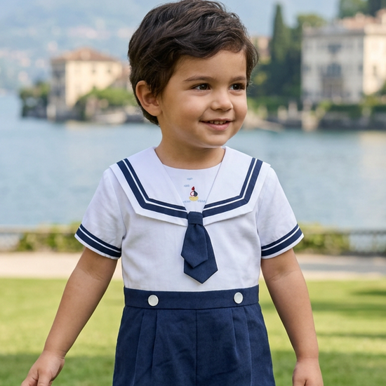 A young boy wearing a Carriage Boutique white and navy blue nautical bobby suit with a sailor collar and embroidery.