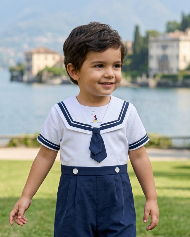 A young boy wearing a Carriage Boutique white and navy blue nautical bobby suit with a sailor collar and embroidery.