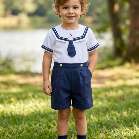 Young boy wearing a Carriage Boutique white and navy blue nautical bobby suit with sailor collar and embroidered tie.