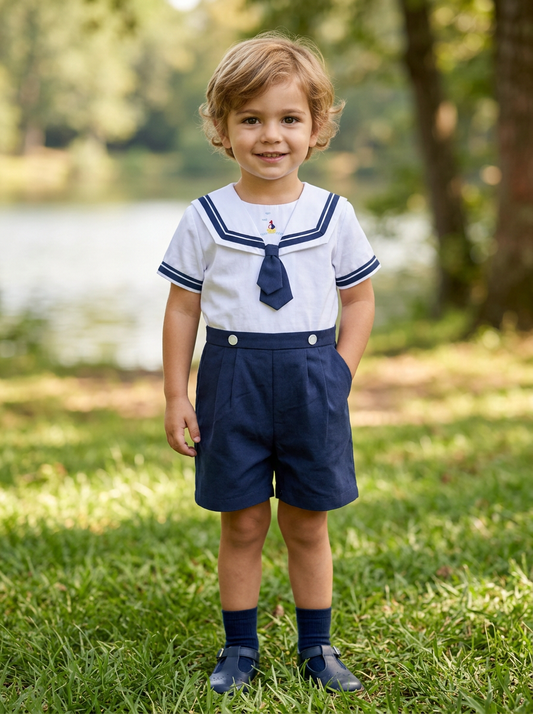 Young boy wearing a Carriage Boutique white and navy blue nautical bobby suit with sailor collar and embroidered tie.