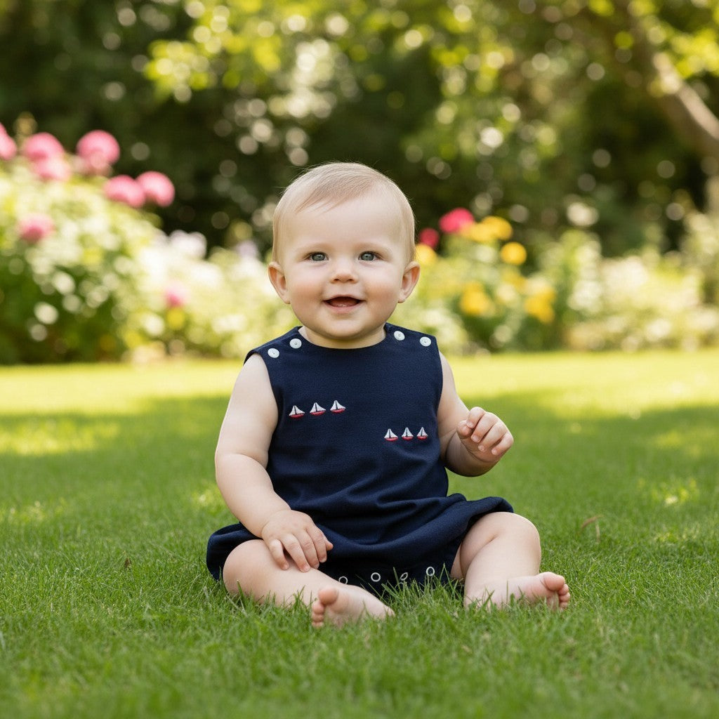Carriage Boutique navy blue sleeveless bubble romper with embroidered sailboats for baby girls. Features shoulder buttons and snap closure.
