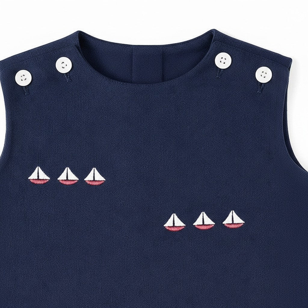 Carriage Boutique navy blue sleeveless bubble romper with embroidered sailboats and white shoulder buttons.