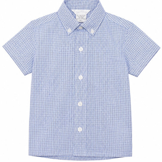 Carriage Boutique navy blue check button-down shirt for toddler boys with a classic collar and short sleeves.