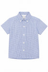 Carriage Boutique navy blue check button-down shirt for toddler boys with a classic collar and short sleeves.