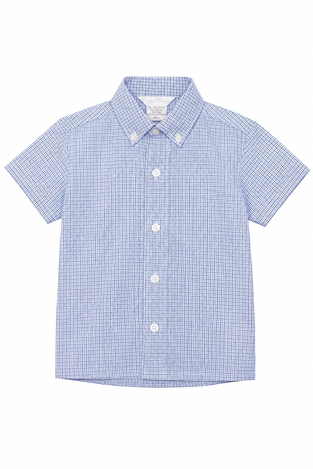 Carriage Boutique navy blue check button-down shirt for toddler boys with a classic collar and short sleeves.