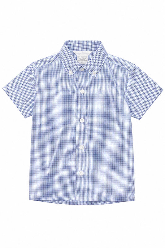 Carriage Boutique navy blue check button-down shirt for toddler boys with a classic collar and short sleeves.
