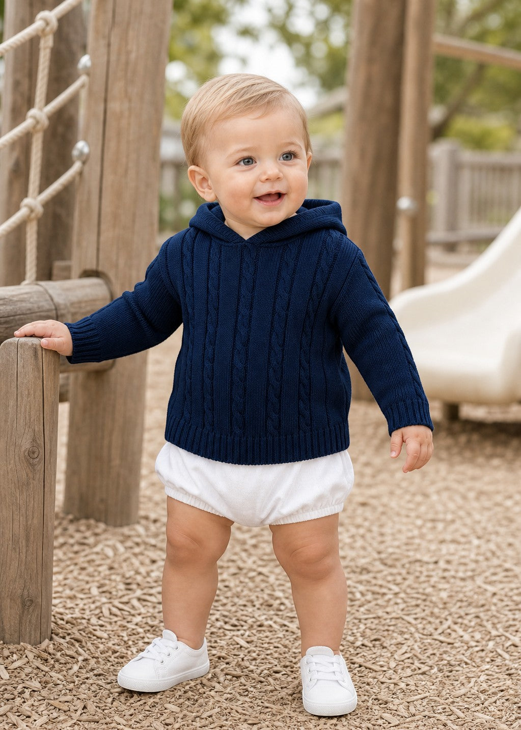 Carriage Boutique navy cable knit baby hooded sweater worn by a toddler at a playground