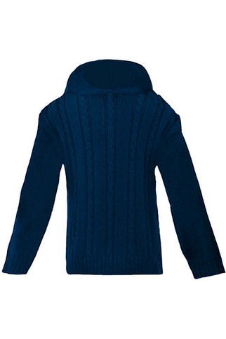 Carriage Boutique navy cable knit baby sweater with a cozy hood and zip back closure for easy dressing.