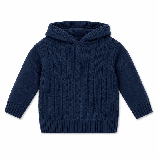 Carriage Boutique navy cable knit baby sweater with a hood and ribbed cuffs, featuring a classic textured design.