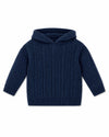 Carriage Boutique navy cable knit baby sweater with a hood and ribbed cuffs, featuring a classic textured design.
