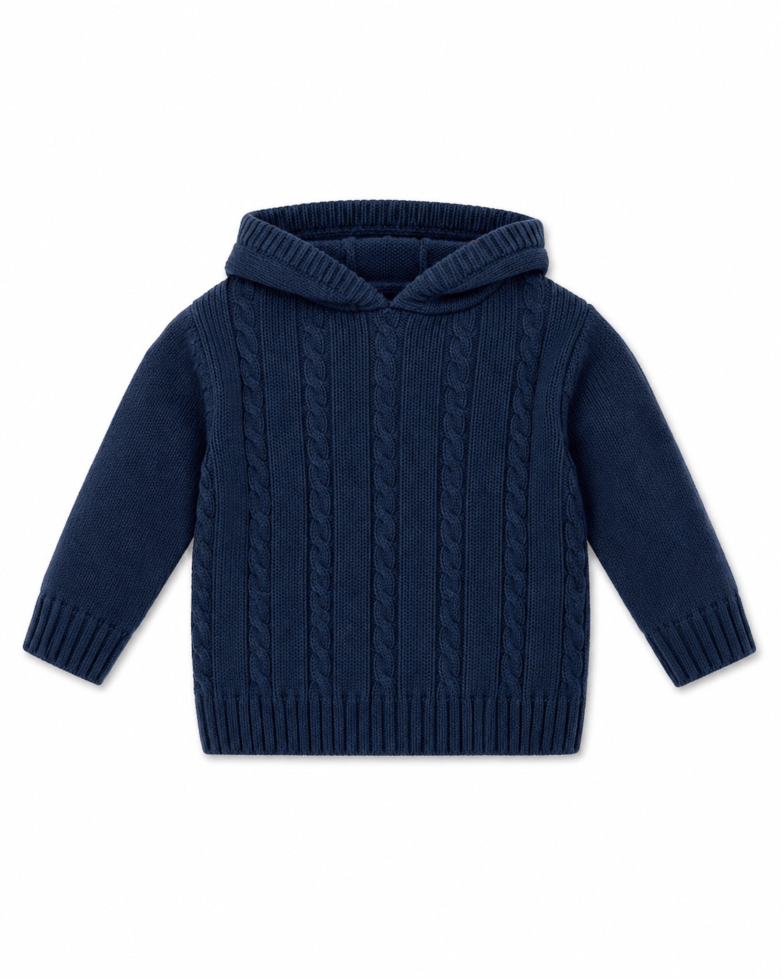 Carriage Boutique navy cable knit baby sweater with a hood and ribbed cuffs, featuring a classic textured design.
