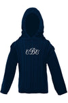 Carriage Boutique navy cable knit baby sweater with a hood and white monogram embroidery on the chest