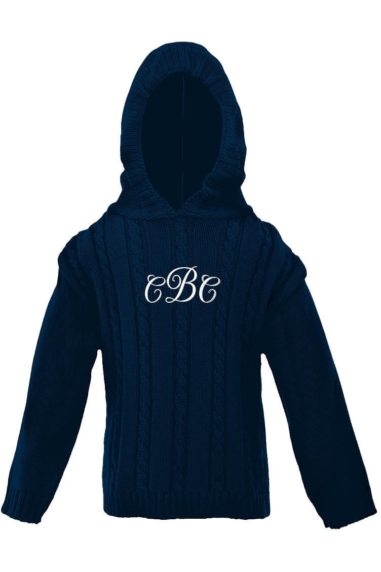 Carriage Boutique navy cable knit baby sweater with a hood and white monogram embroidery on the chest