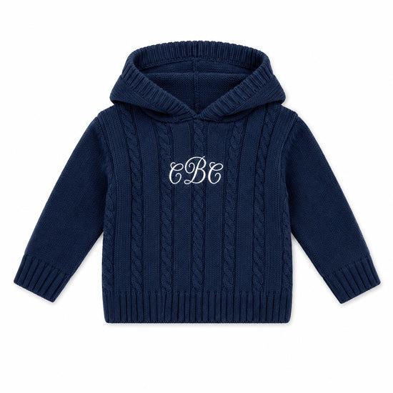 Carriage Boutique navy cable knit baby hooded sweater with white monogram embroidery on the chest