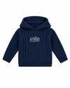 Carriage Boutique navy cable knit baby hooded sweater with white monogram embroidery on the chest