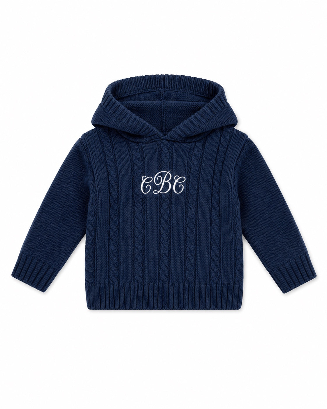 Carriage Boutique navy cable knit baby hooded sweater with white monogram embroidery on the chest