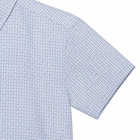 Carriage Boutique infant and toddler boys navy blue check polo shirt with a classic collar and short sleeves