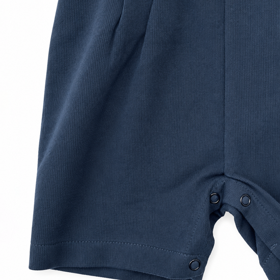Carriage Boutique navy blue pique cotton bobby suit shorts with bottom snap button opening for easy diaper changes
