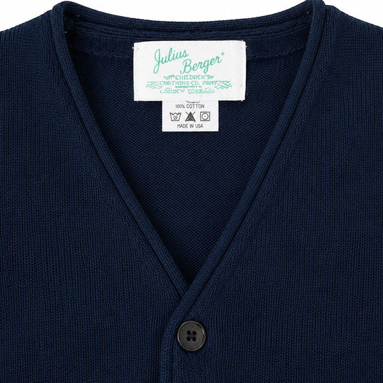 Carriage Boutique navy cotton V-neck cardigan for boys with a button-front closure and knit texture