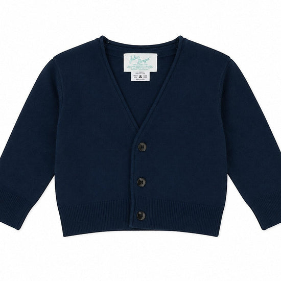 Carriage Boutique navy blue V-neck cotton cardigan for boys with front button closure and ribbed cuffs