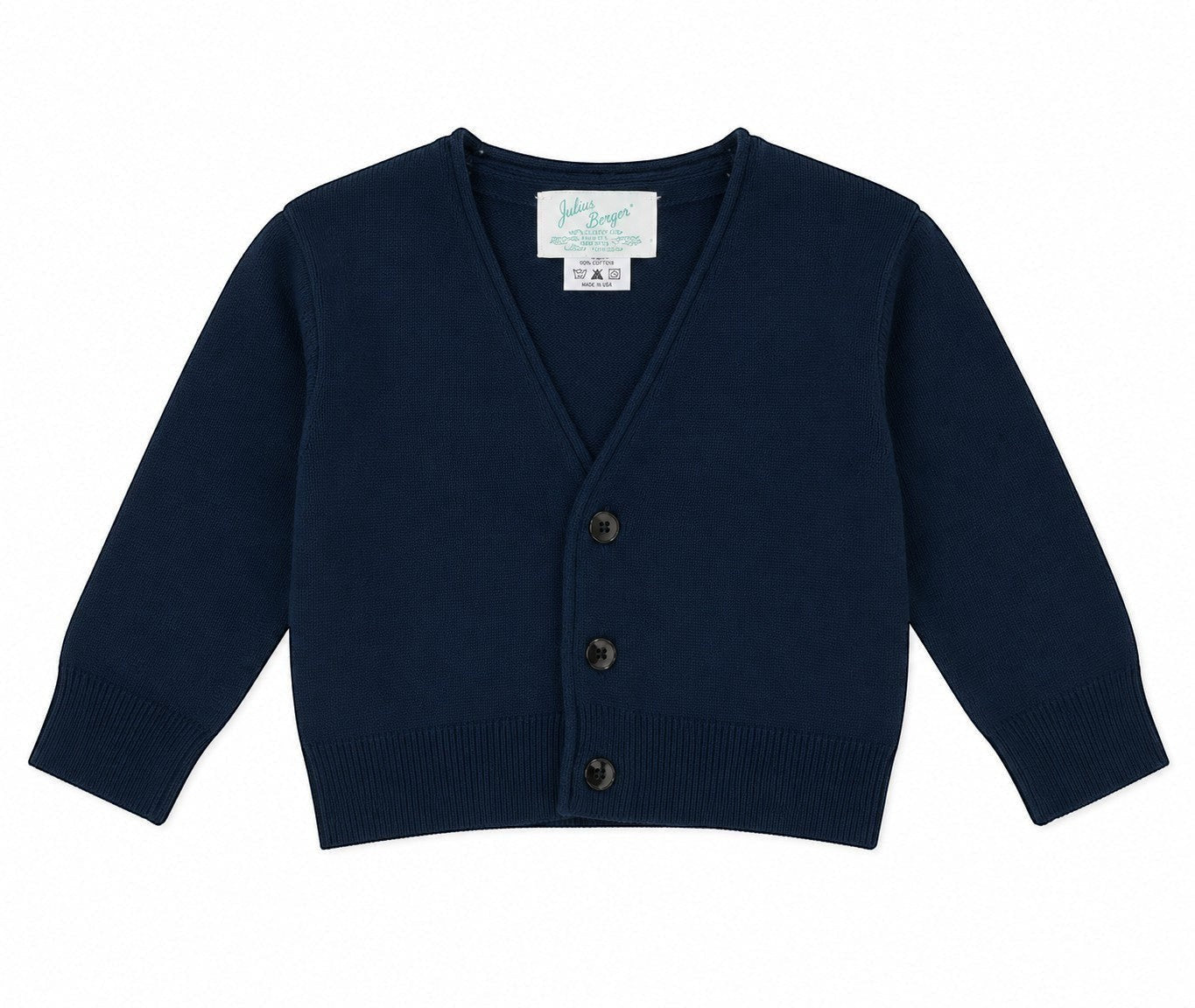 Carriage Boutique navy blue V-neck cotton cardigan for boys with front button closure and ribbed cuffs