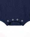 Carriage Boutique navy blue baby romper with sailboat embroidery and snap closure.