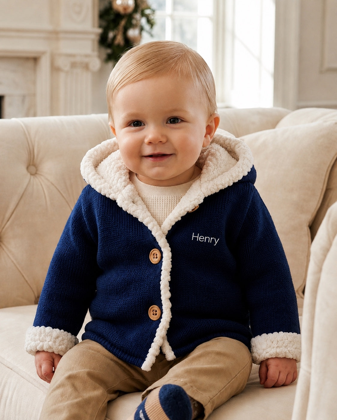 Carriage Boutique navy knit cotton baby jacket with white sherpa lining, hood, and front buttons, worn by a toddler.