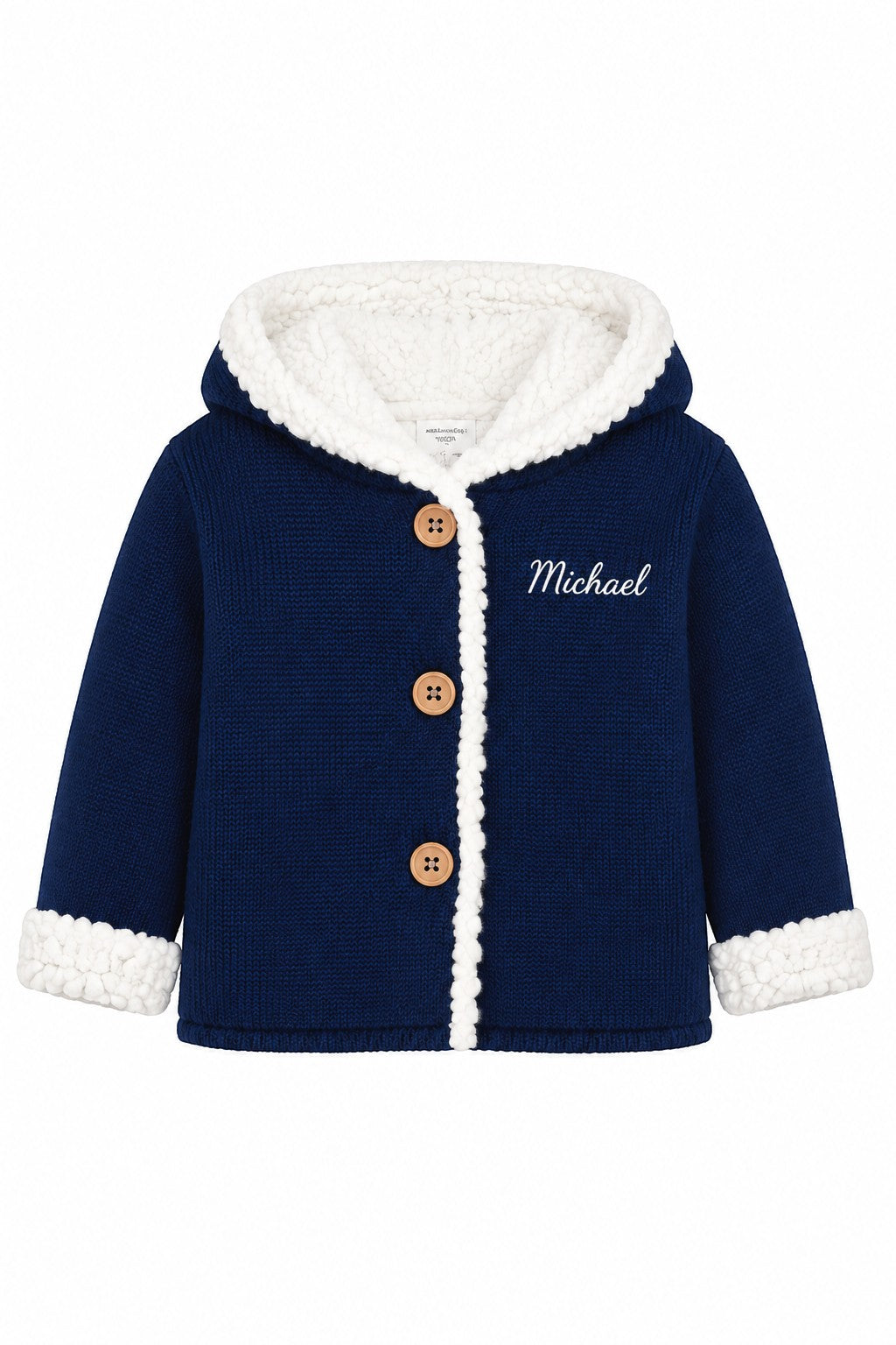 Carriage Boutique navy knit cotton baby jacket with white sherpa lining, hood, and wooden button front closure.