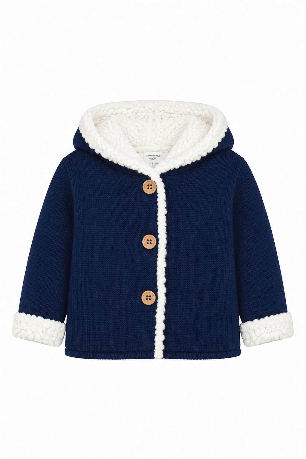 Carriage Boutique navy knit cotton baby jacket with a white sherpa-lined hood, cuffs, and three front wooden buttons.