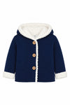 Carriage Boutique navy knit cotton baby jacket with white sherpa lining, hood, and three front wooden buttons.