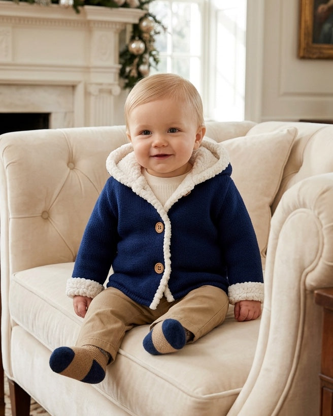 Carriage Boutique navy knit cotton baby jacket with cozy white sherpa lining, hood, and front button closure.