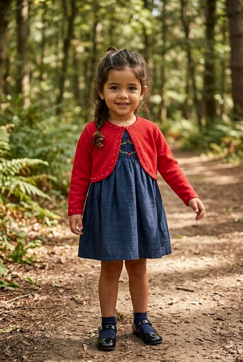 Carriage Boutique navy silk floral smocked dress with a red cardigan worn by a young girl on a forest path