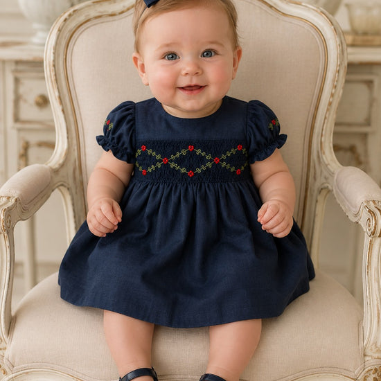 Floral Smocked Silk Navy Short Sleeve Baby Girl Dress