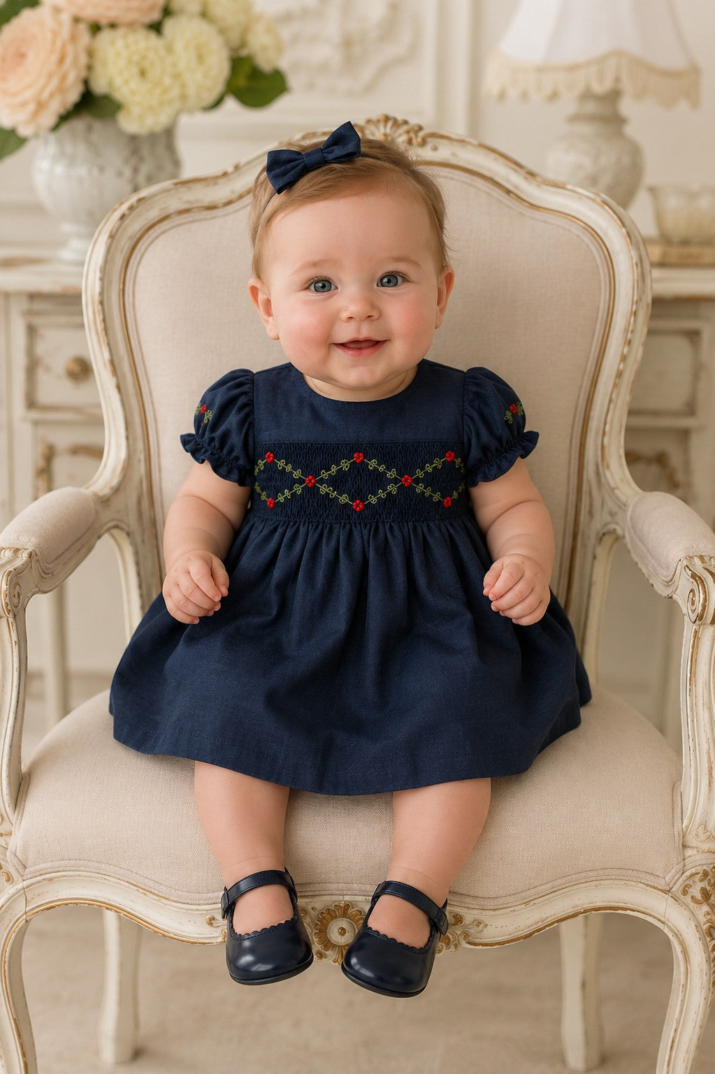 Floral Smocked Silk Navy Short Sleeve Baby Girl Dress