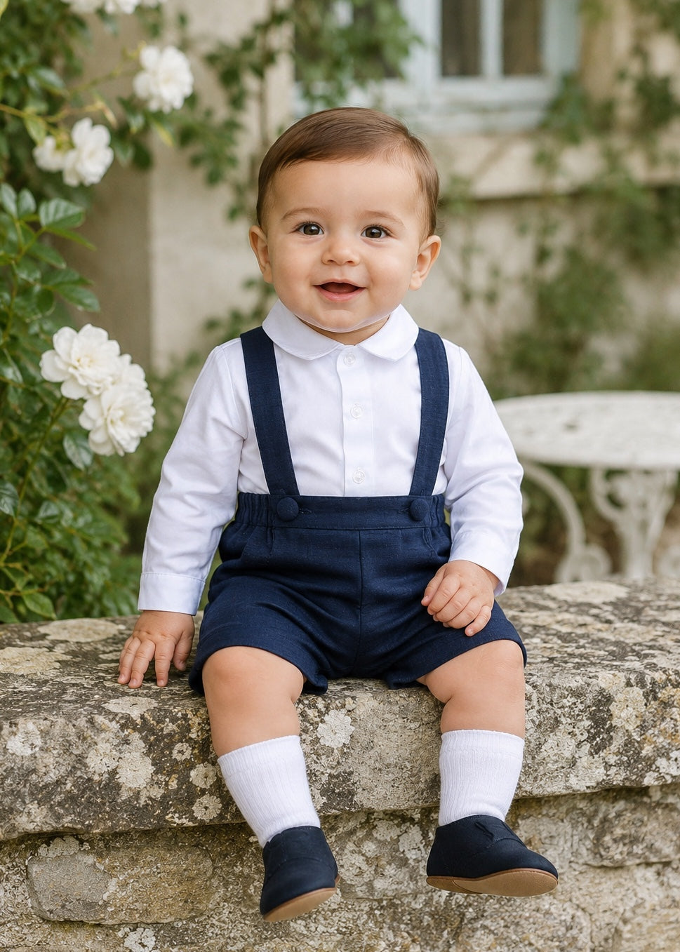 Carriage Boutique baby boy navy poly silk suspender shorts set with a white long sleeve shirt sitting on a stone wall
