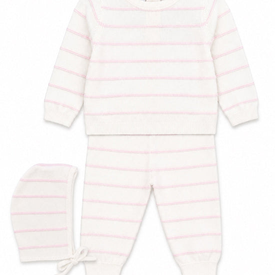Carriage Boutique 3-piece newborn set in cream knit with blush pink stripes, including long-sleeve top, pants, and hat