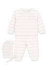 Carriage Boutique 3-piece newborn set in cream knit with blush pink stripes, including long-sleeve top, pants, and hat