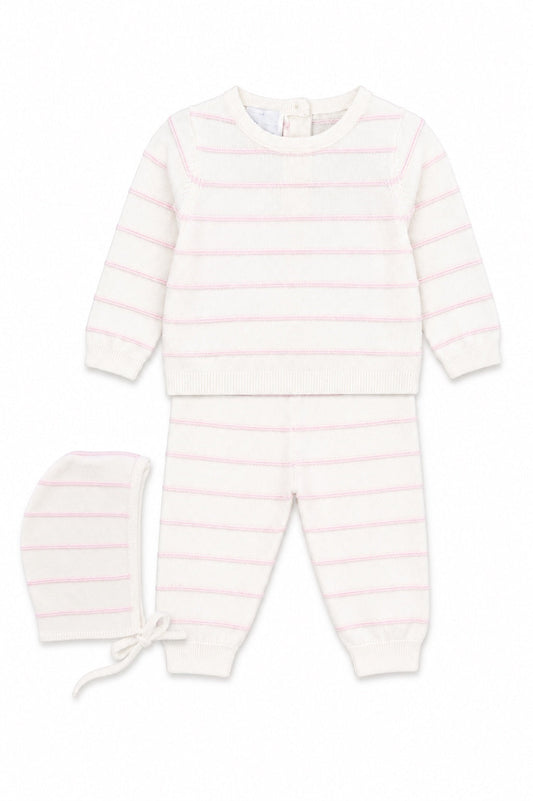 Carriage Boutique 3-piece newborn set in cream knit with blush pink stripes, including long-sleeve top, pants, and hat