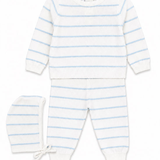 Carriage Boutique newborn 3-piece set in white and sky-blue stripes featuring a long-sleeve top, leggings, and hat.