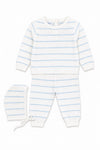 Carriage Boutique newborn 3-piece set in white and sky-blue stripes featuring a long-sleeve top, leggings, and hat.