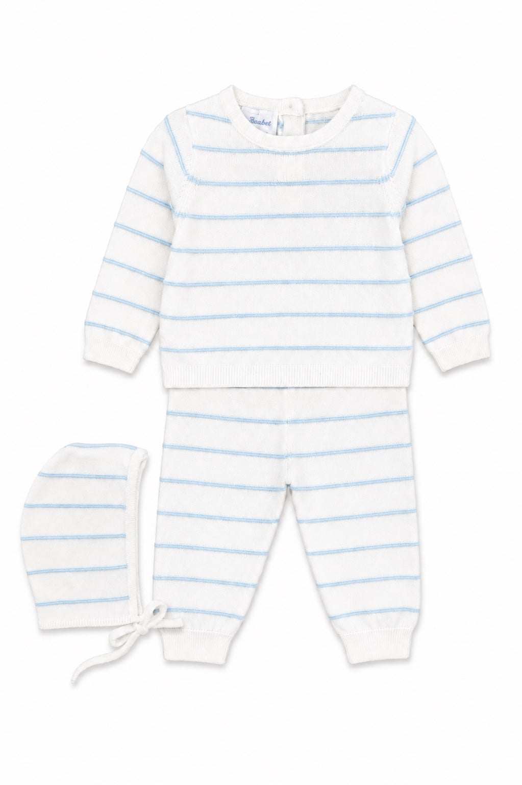 Carriage Boutique newborn 3-piece set in white and sky-blue stripes featuring a long-sleeve top, leggings, and hat.