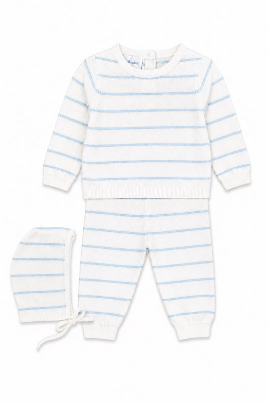 Carriage Boutique newborn 3-piece set in white and sky-blue stripes featuring a long-sleeve top, leggings, and hat.