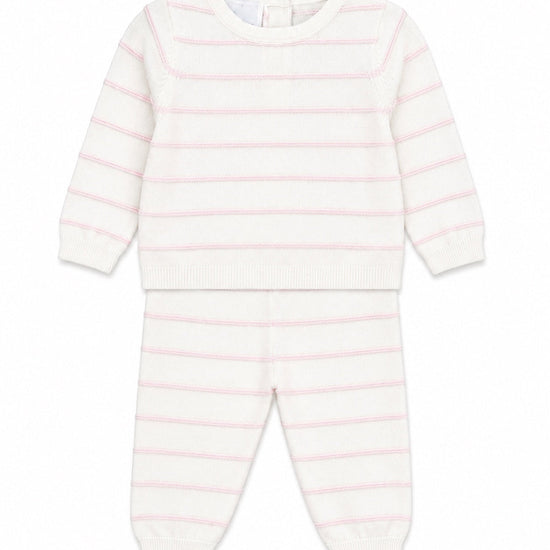 Carriage Boutique newborn two-piece set in creamy white knit with blush pink stripes, featuring long sleeves and pants.