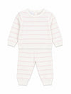 Carriage Boutique newborn two-piece set in creamy white knit with blush pink stripes, featuring long sleeves and pants.