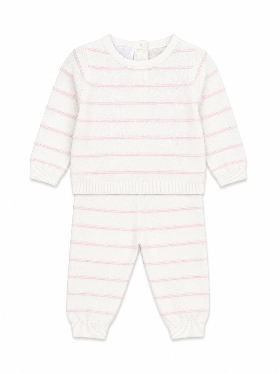 Carriage Boutique newborn two-piece set in creamy white knit with blush pink stripes, featuring long sleeves and pants.