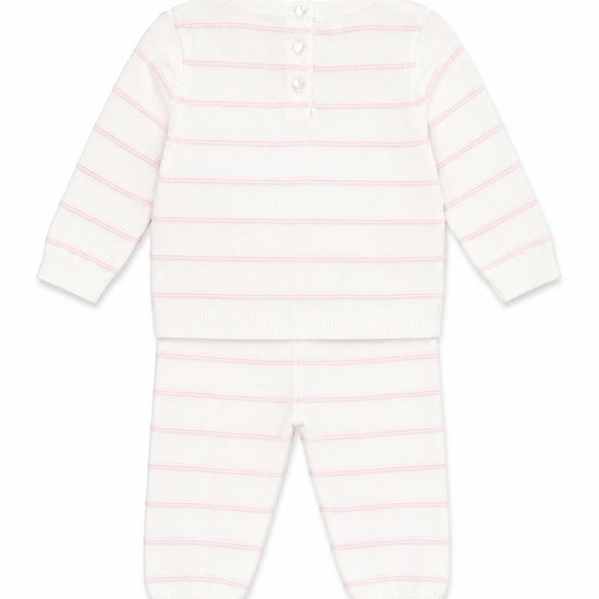 Carriage Boutique newborn knit legging set in creamy white with blush pink stripes and back button closure