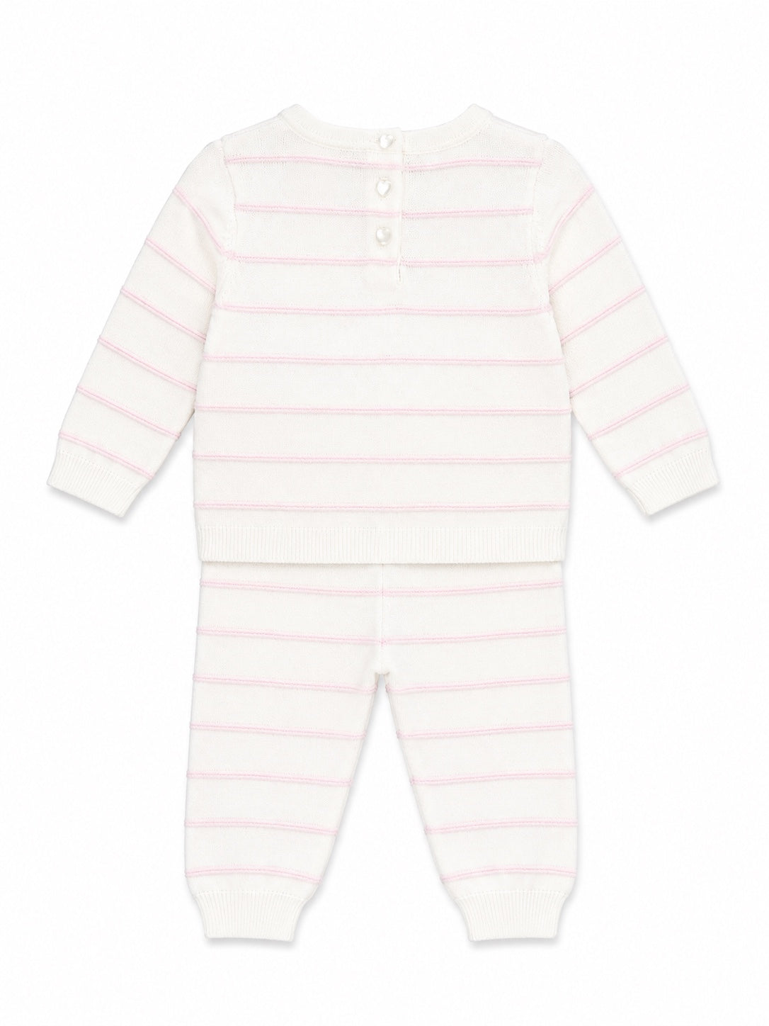 Carriage Boutique newborn knit legging set in creamy white with blush pink stripes and back button closure